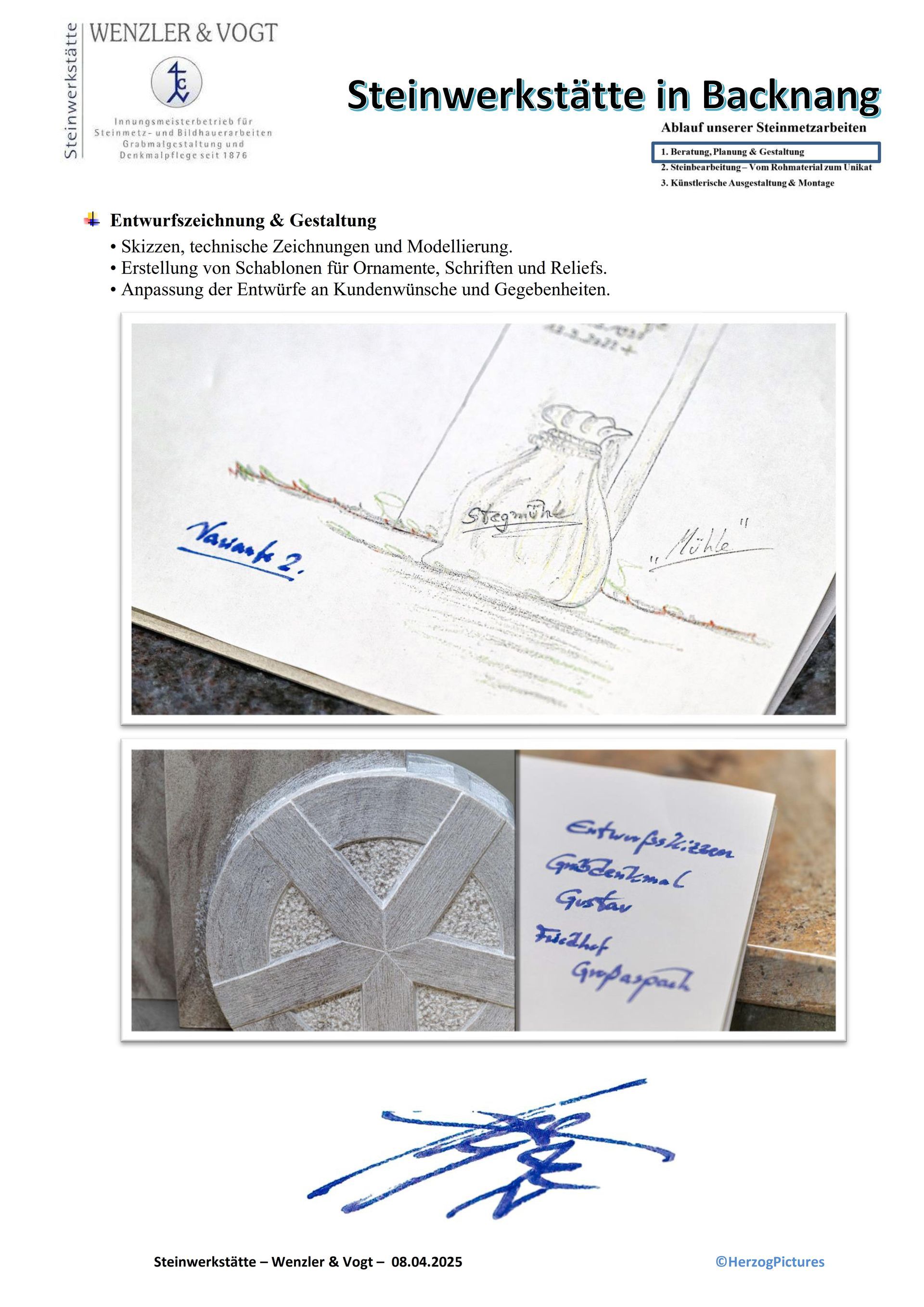 Ein Bild einer Zeichnung und ein Bild eines Steins mit einer Unterschrift darauf.