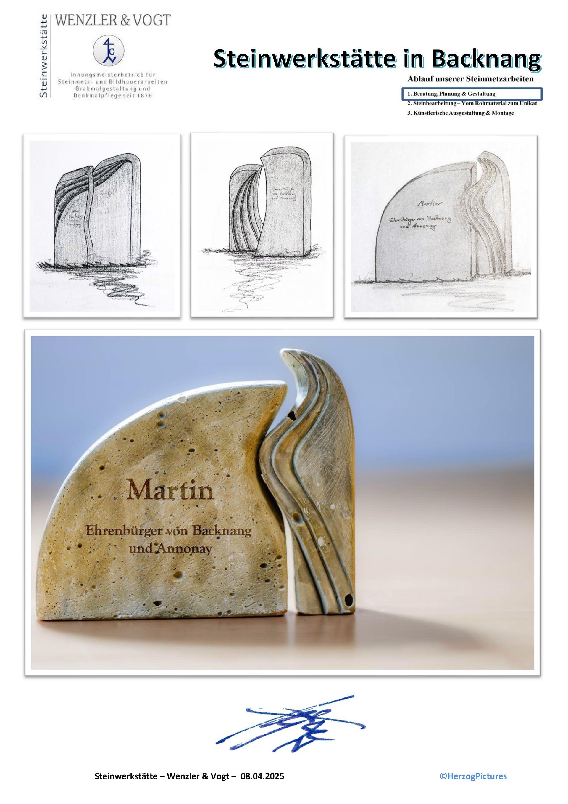 Ein Bild einer Zeichnung und ein Bild eines Steins mit einer Unterschrift darauf.