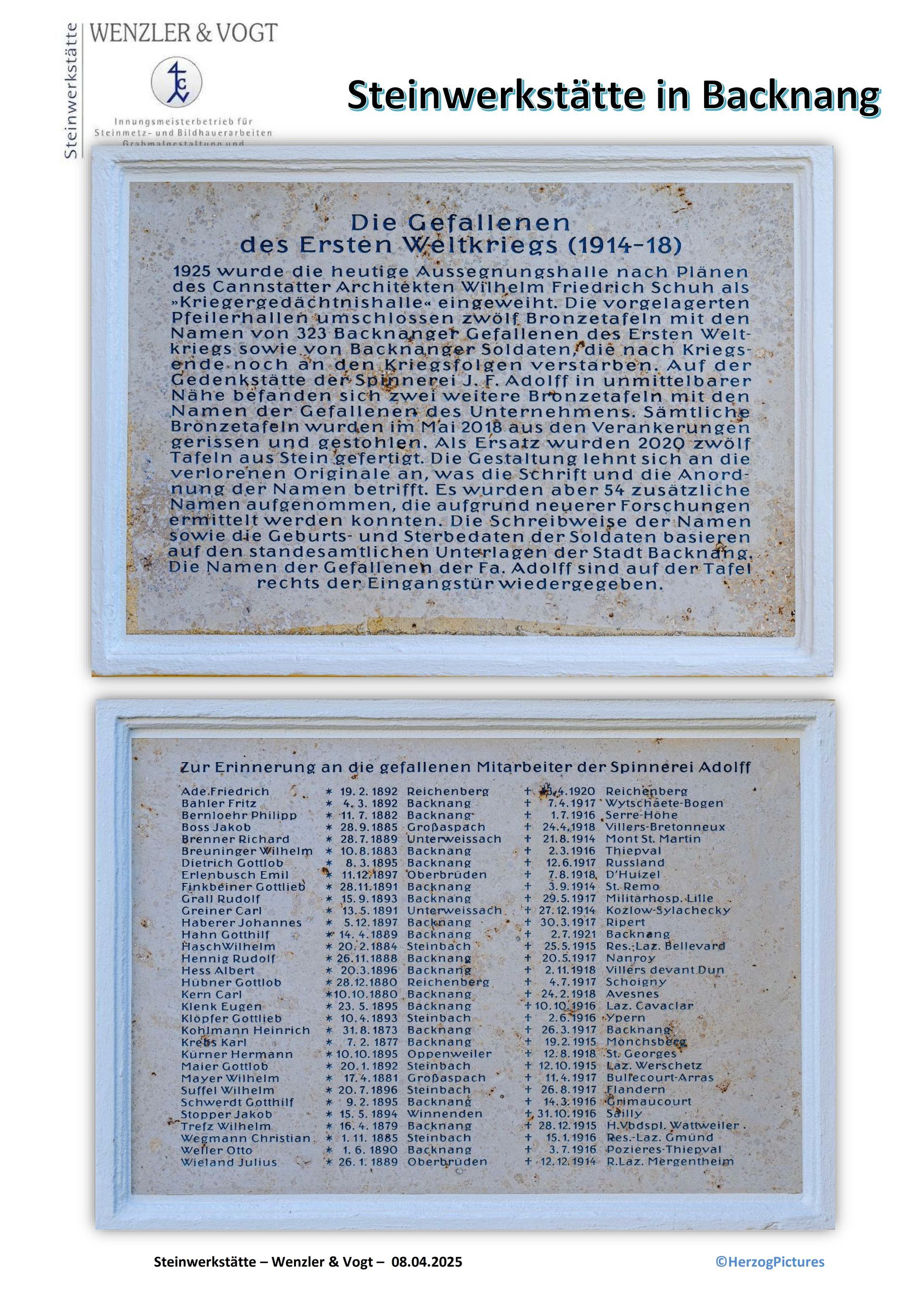 Eine Seite eines Buches mit dem Titel Steinwerkstatt in Backnang