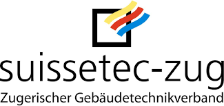 Logo für den Schweizerischen Verband für Gebäudetechnik. Enthält ein Quadrat mit farbigen Linien, den Text „suissetec-zug“ und eine Beschreibung darunter.