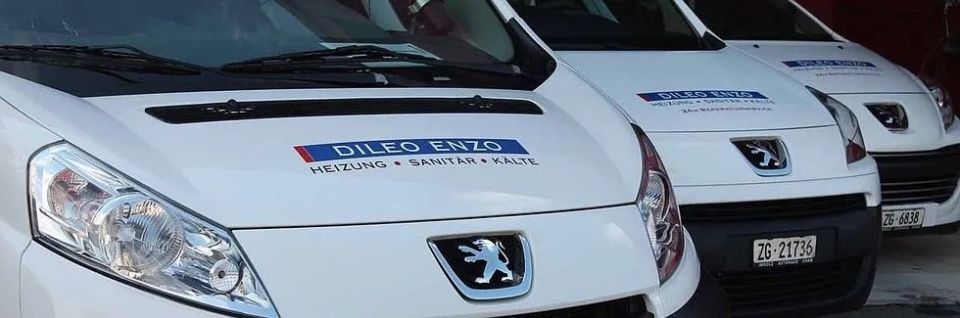 Weiße Peugeot-Transporter mit Firmenlogo parken vor einem Gebäude.