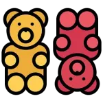 Dos ositos de goma, uno amarillo y otro rojo. Ambos tienen forma de oso, rasgos redondos y contornos negros.