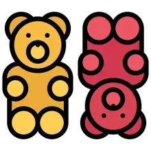 Dos ositos de goma, uno amarillo y otro rojo. Ambos tienen forma de oso, rasgos redondos y contornos negros.