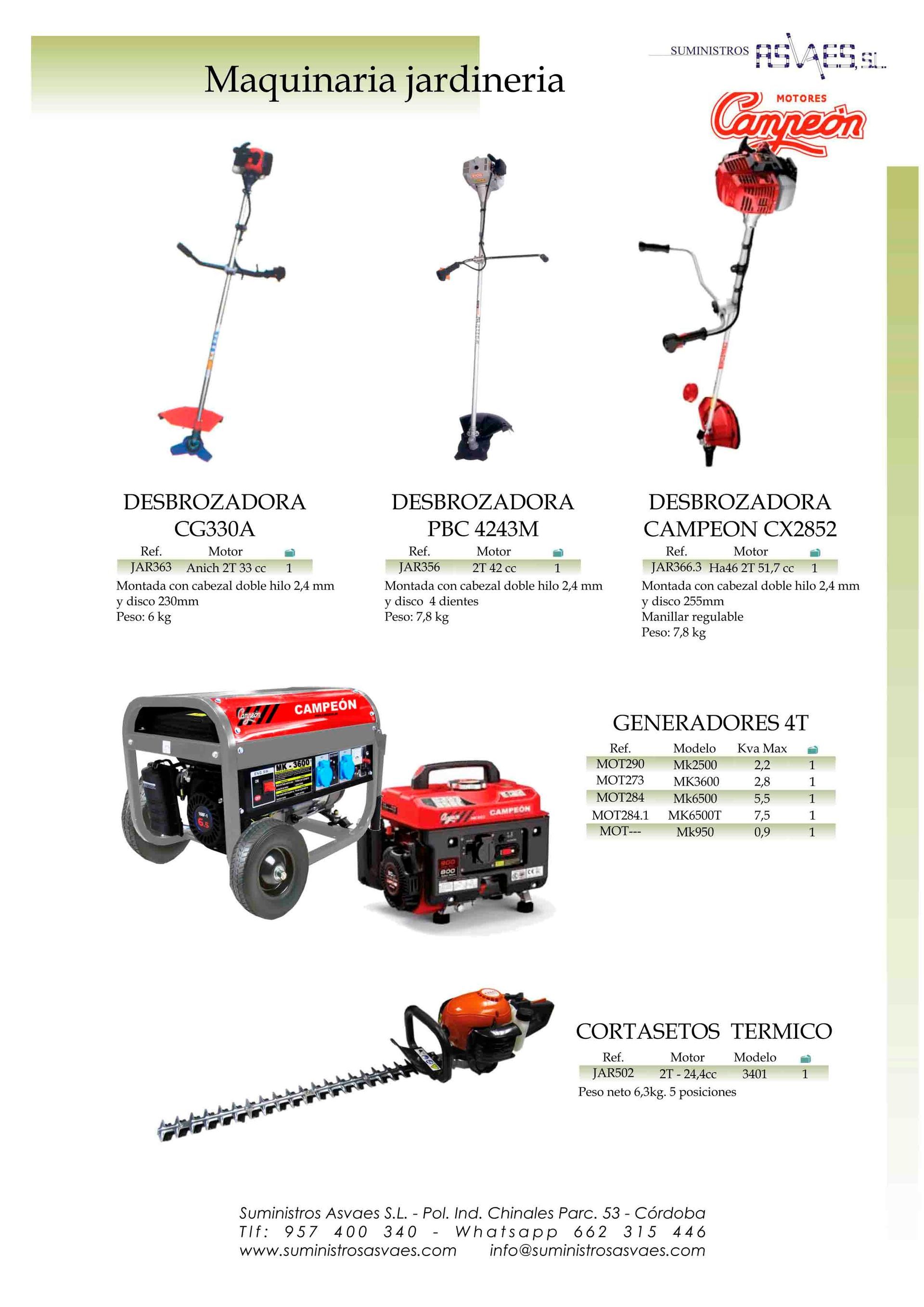Un folleto para una cortadora de césped, un generador y un cortasetos.