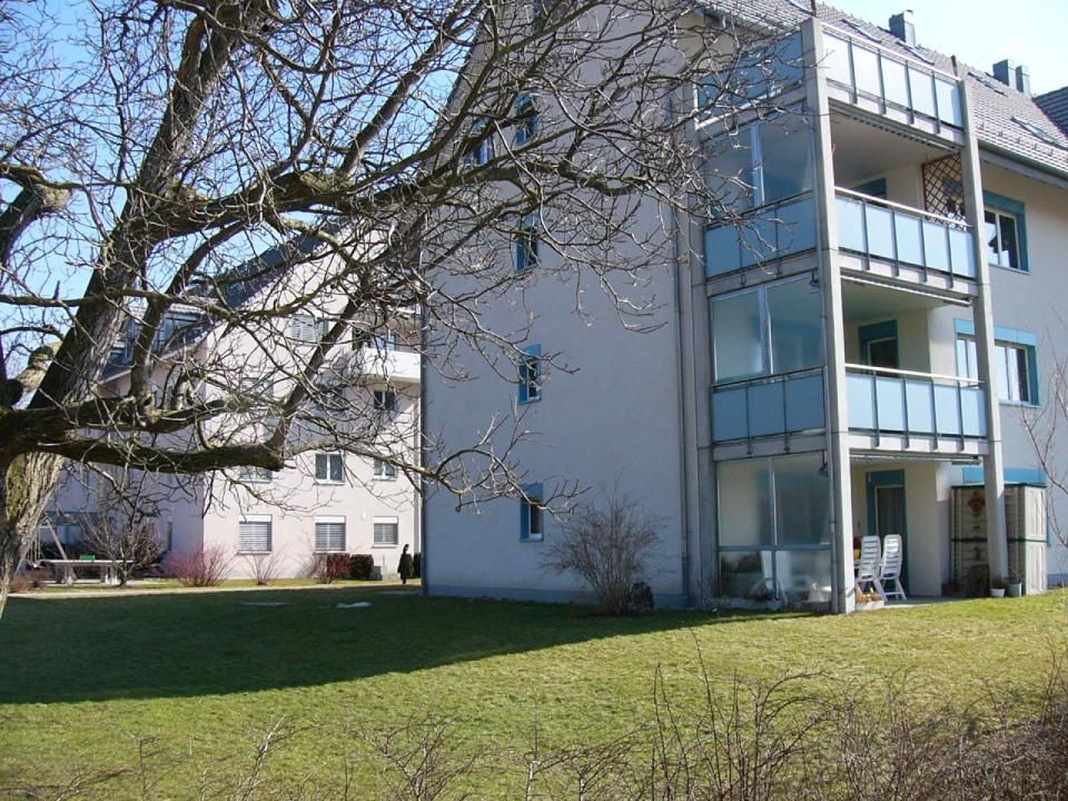 Mehrfamilienhaus mit Balkonen und Rasenfläche, im Vordergrund ein kahler Baum.