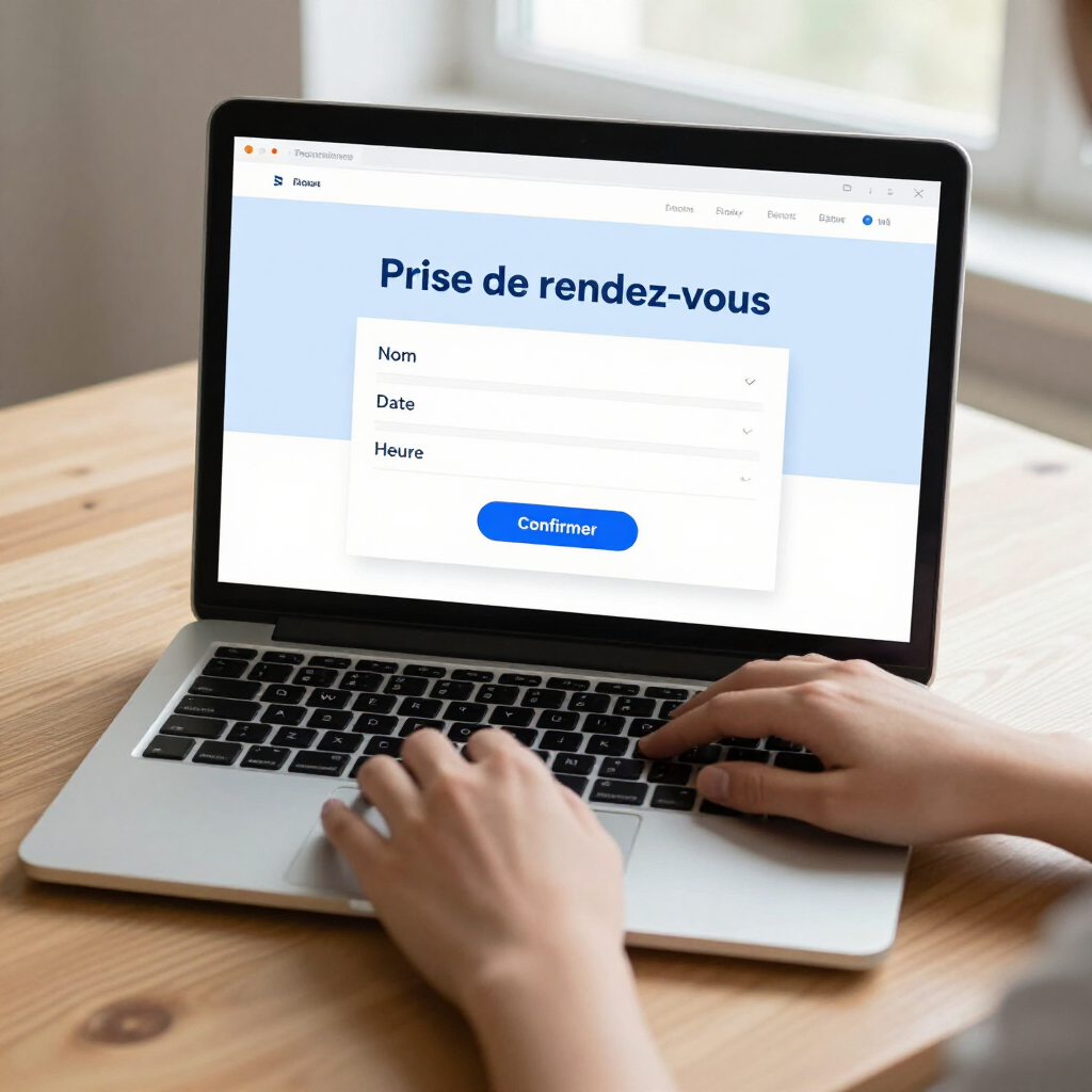 Des mains manipulent un ordinateur portable affichant un formulaire de réservation de rendez-vous en français sur un bureau.