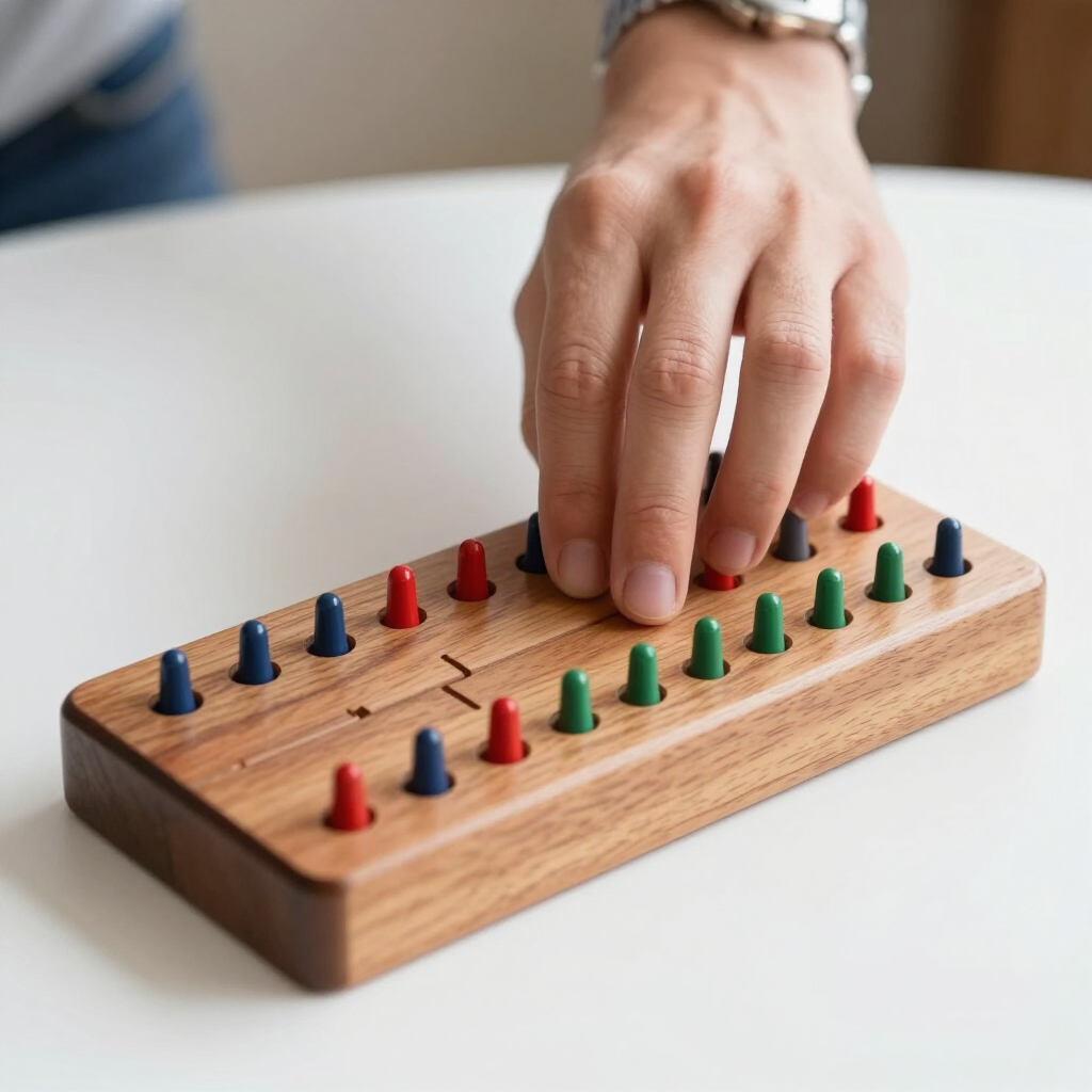 Une main tendue au-dessus d'un panneau perforé en bois avec des pions rouges, bleus et verts.