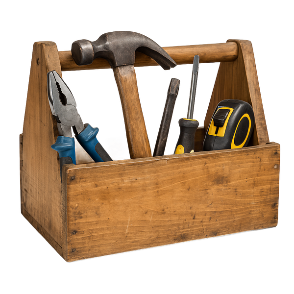 Boîte à outils en bois remplie d'outils, dont un marteau, une pince, un tournevis et un mètre ruban.