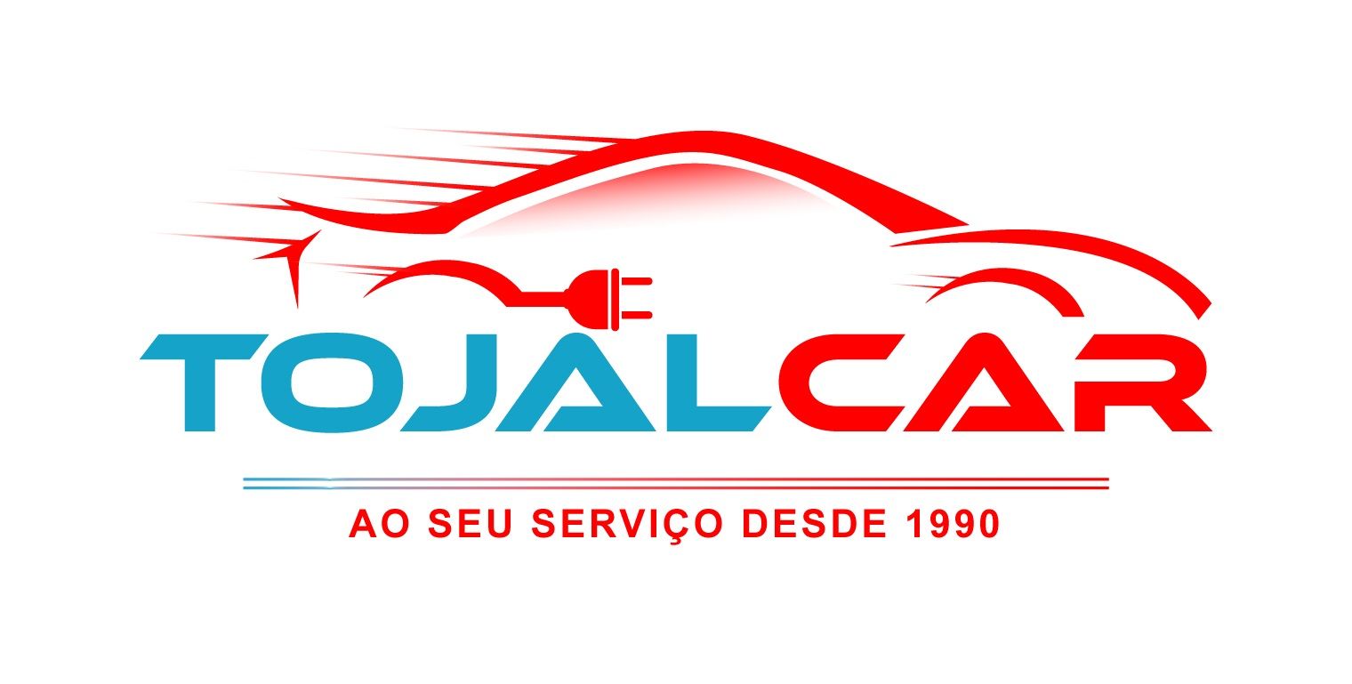Logo for Tojal Car, an auto service. Red car outline with a charging plug, blue and red text, "Ao seu servico desde 1990".