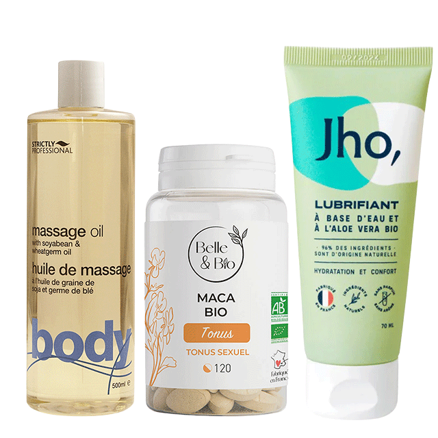 Huile de massage, gélules et tubes de lubrifiant.