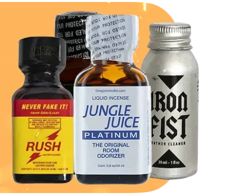 Trois petits flacons de poppers sur fond jaune.