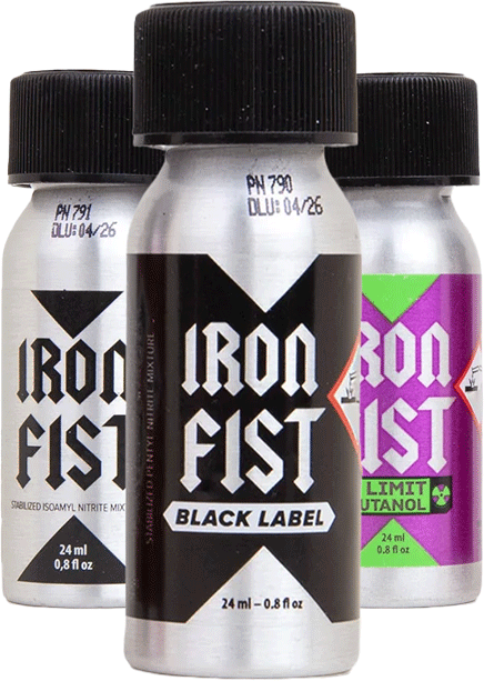 Trois petites bouteilles de poppers Iron Fist.