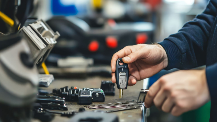 Mécanicien tenant une clé de voiture, travaillant sur un établi avec des outils.