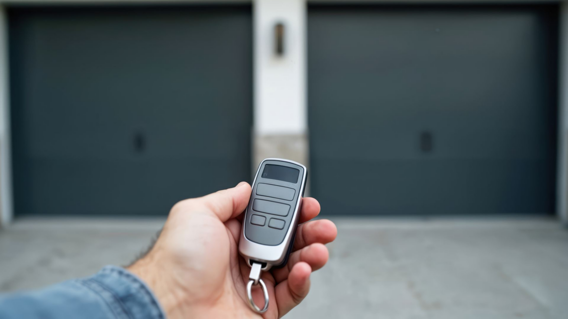 Une main tenant une télécommande d'ouvre-porte de garage devant deux portes de garage.