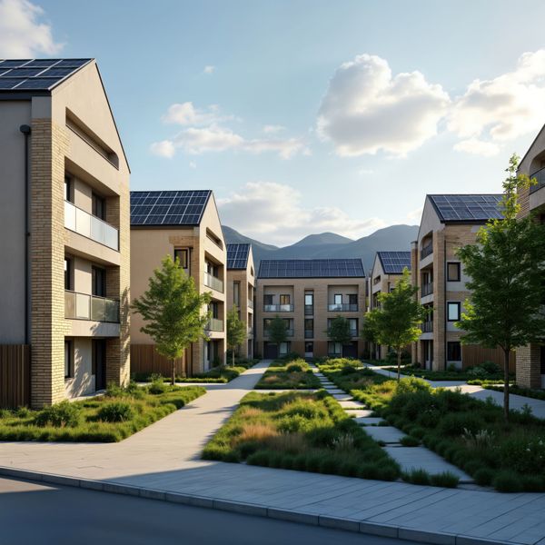 Maisons de ville modernes avec panneaux solaires, face à un espace vert central et aux montagnes sous un ciel bleu.