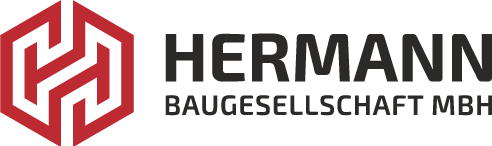 A red and white logo for hermann baugesellschaft mbh