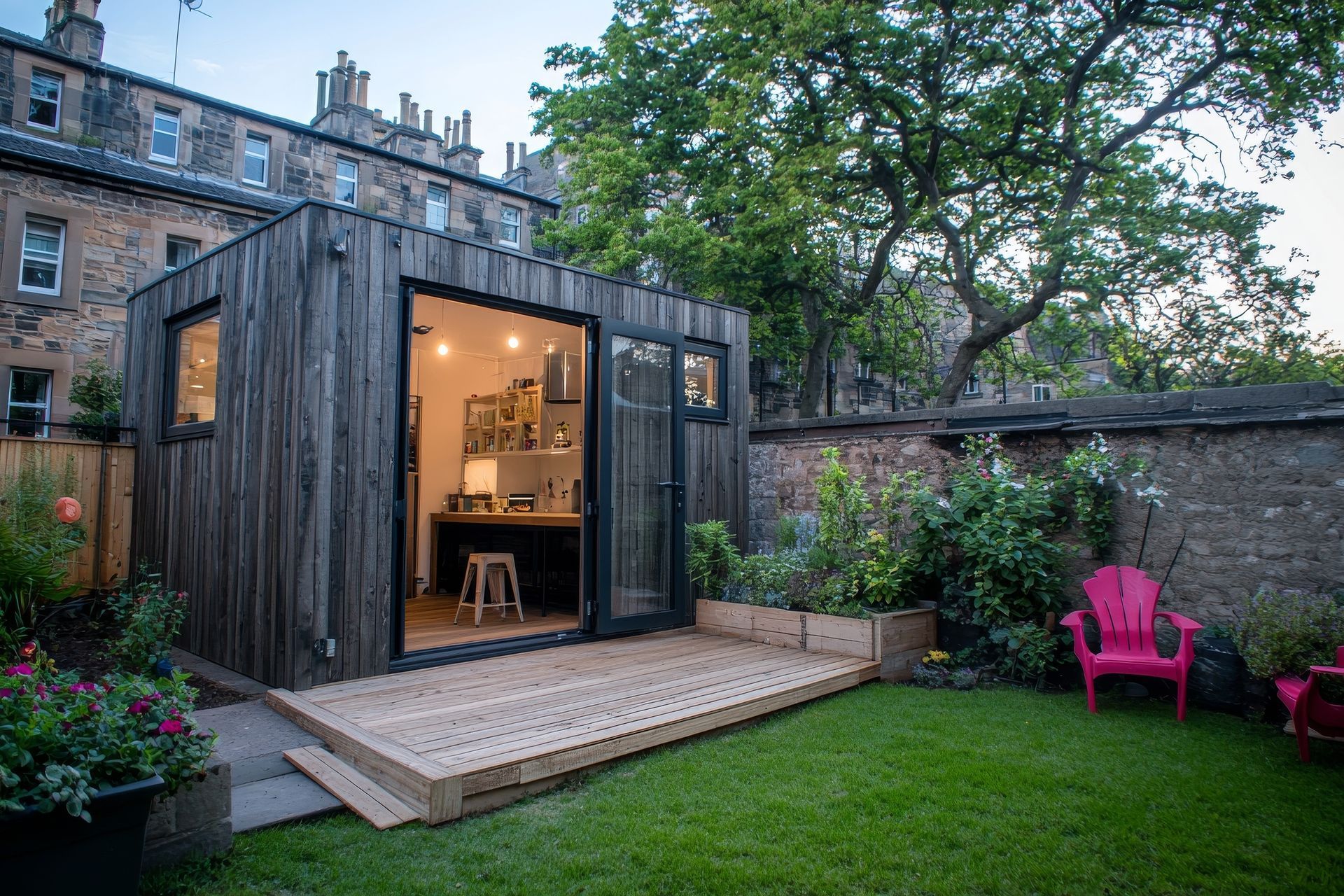 Bureau d'arrière-cour en bois avec porte ouverte, petite terrasse, jardin et chaise rose.