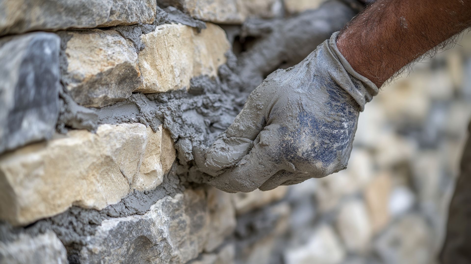 Une main gantée appliquant du mortier sur des blocs de pierre, une partie d'un mur de pierre en cours de construction.
