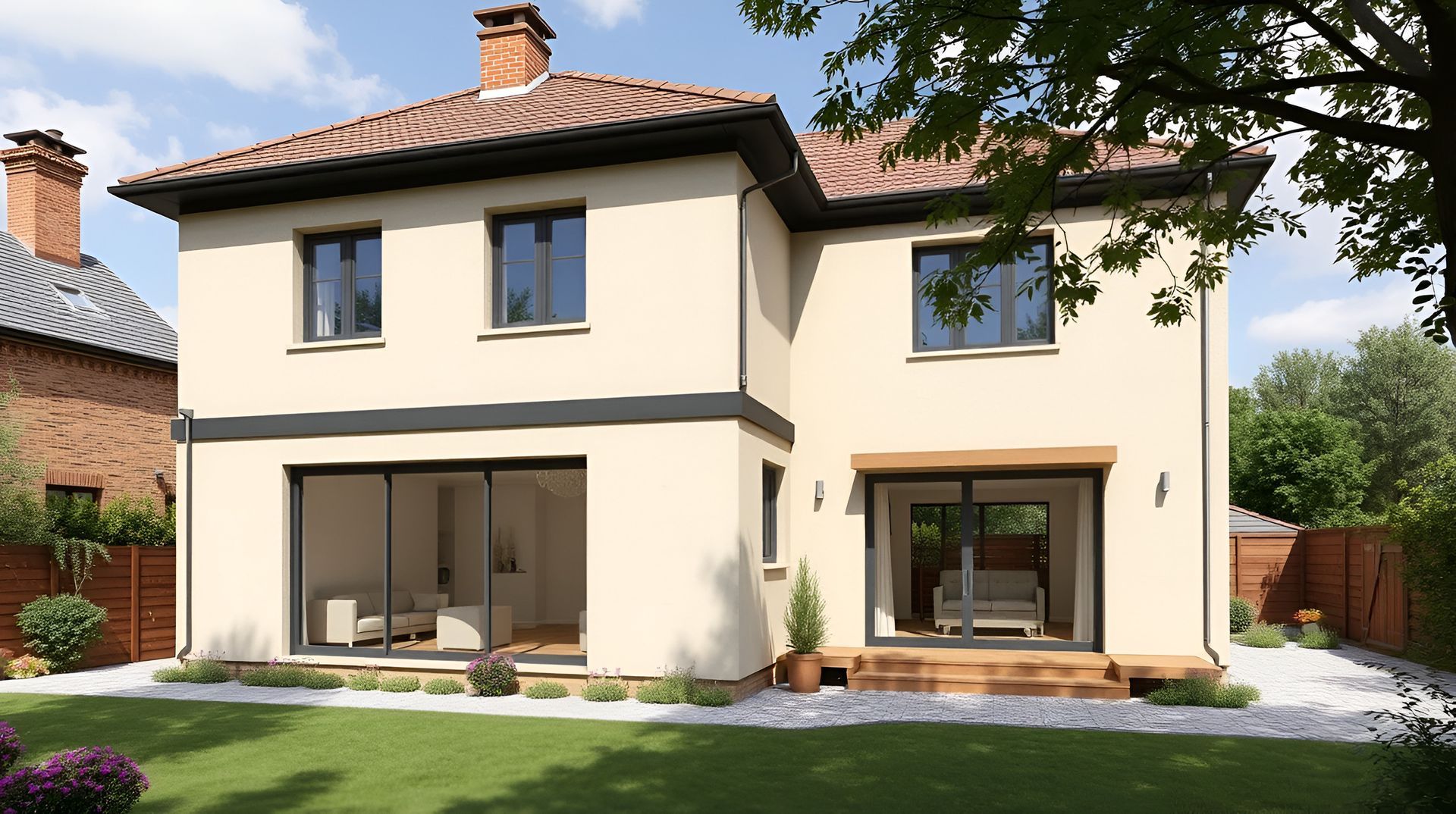 Maison beige à deux étages avec toit en tuiles, grandes fenêtres, terrasse en bois et pelouse verte.