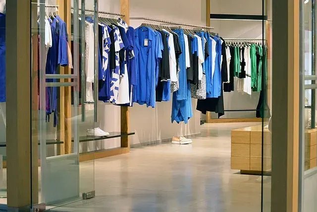Una fila de camisas azules están colgadas en una tienda de ropa.