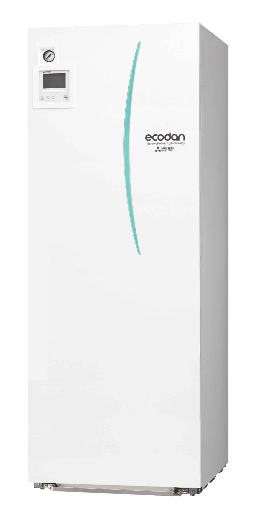 Valkoinen pystyasenteinen lämminvesivaraaja, jossa on sinivihreä pystysuora raita ja ohjauspaneeli.