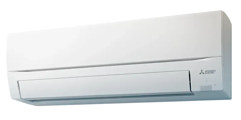 Valkoinen Mitsubishi-ilmastointilaite seinälle asennettuna.
