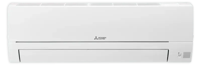 Valkoinen Mitsubishi-ilmastointilaite seinälle asennettuna.