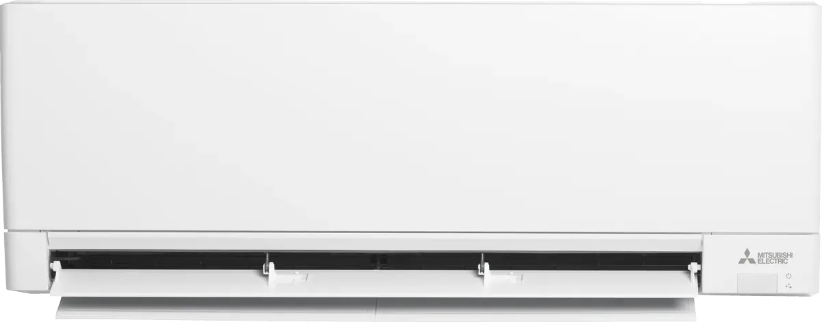 Valkoinen Mitsubishin ilmastointilaite.