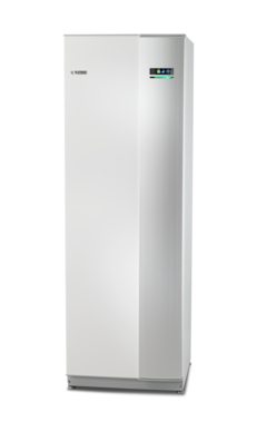 Valkoinen, suorakaiteen muotoinen Fujitsun ilmalämpöpumppu harmaalla jalustalla, jossa on digitaalinen näyttö.