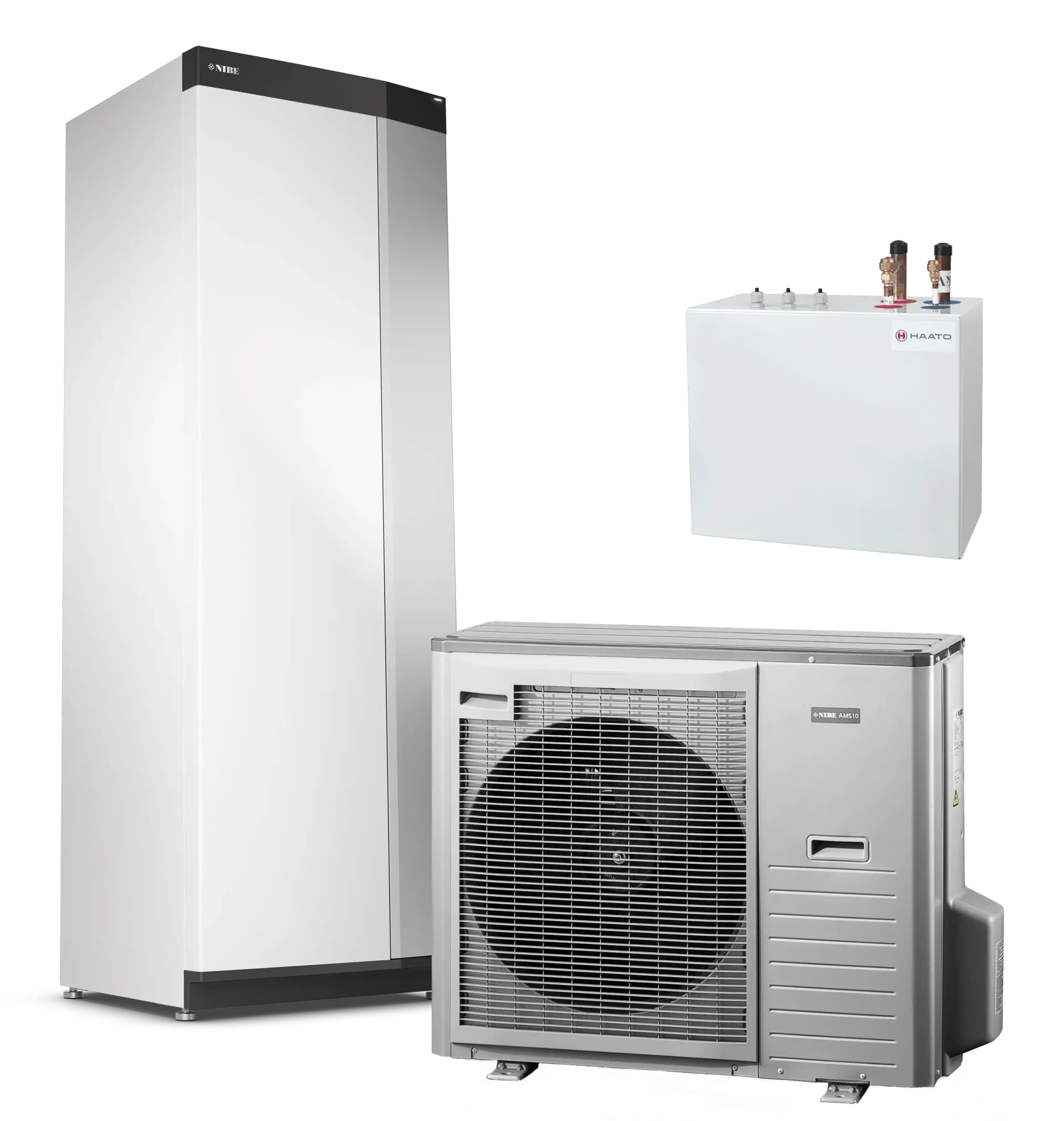 Lämpöpumppujärjestelmä: korkea sisäyksikkö, ulkoyksikkö ja pieni ohjausrasia, kaikki valkoisia ja hopeisia.