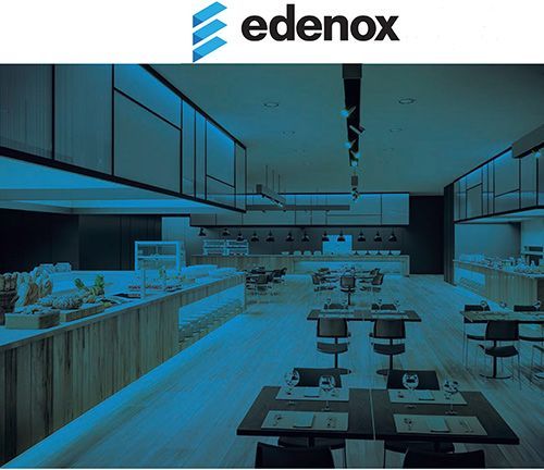 Un restaurante con mesas y sillas y un logotipo para edenox.
