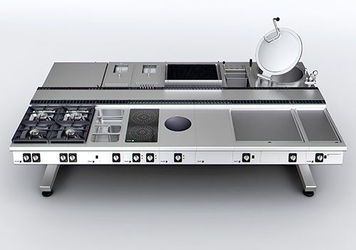 Una encimera de cocina de acero inoxidable con una olla encima.