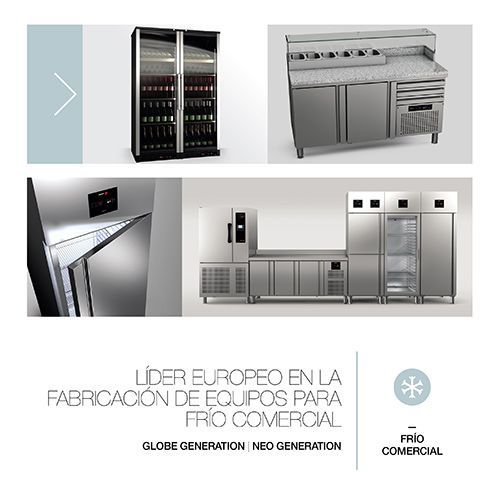 A collage of pictures of stainless steel appliances with the words lider europeo en la fabricacion de equipos para frio comercial