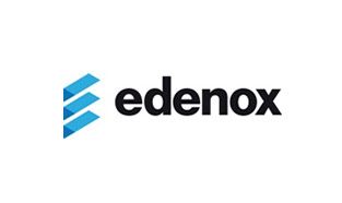 Un logotipo azul y negro de edenox sobre un fondo blanco.