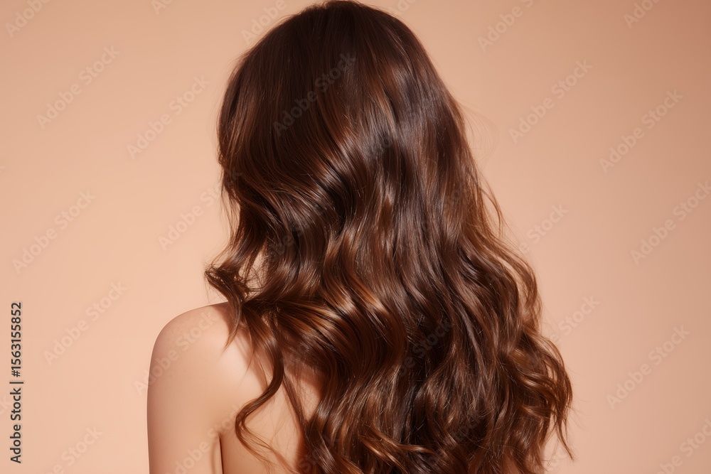 Frau mit welligem braunem Haar, mit dem Rücken zur Kamera, vor einem pfirsichfarbenen Hintergrund.