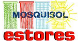Logotipo para as lojas Mosquisol Estores com persianas verticais coloridas e a palavra "estores" em vermelho.