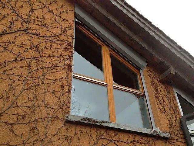 Fenster mit heruntergelassenem Rollladen an einer orangefarbenen Wand mit Kletterpflanzen.