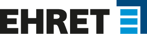 EHRET-Logo mit schwarzem Text und einer blauen Grafik auf der rechten Seite.