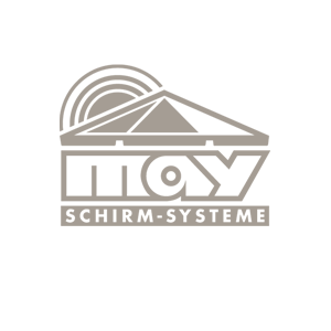 Logo für Max Schirm-Systeme, mit einem geometrischen Schirmdesign, einem Sonnensymbol und dem Wort „max“.