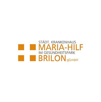 Logo for Städt. Krankenhaus Maria-Hilf, a hospital in Brilon, Germany, with an orange cross and text.