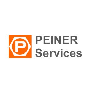 Logo von Peiner Services: orangefarbenes Sechseck mit „P“, grauer Text „PEINER Services“.