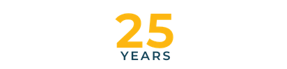 25 years in gold and blue text