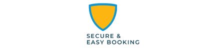 Shield logo with “SECURE & EASY BOOKING” text in blue and orange