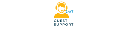24/7 guest support logo with a headset icon and orange text on a white background