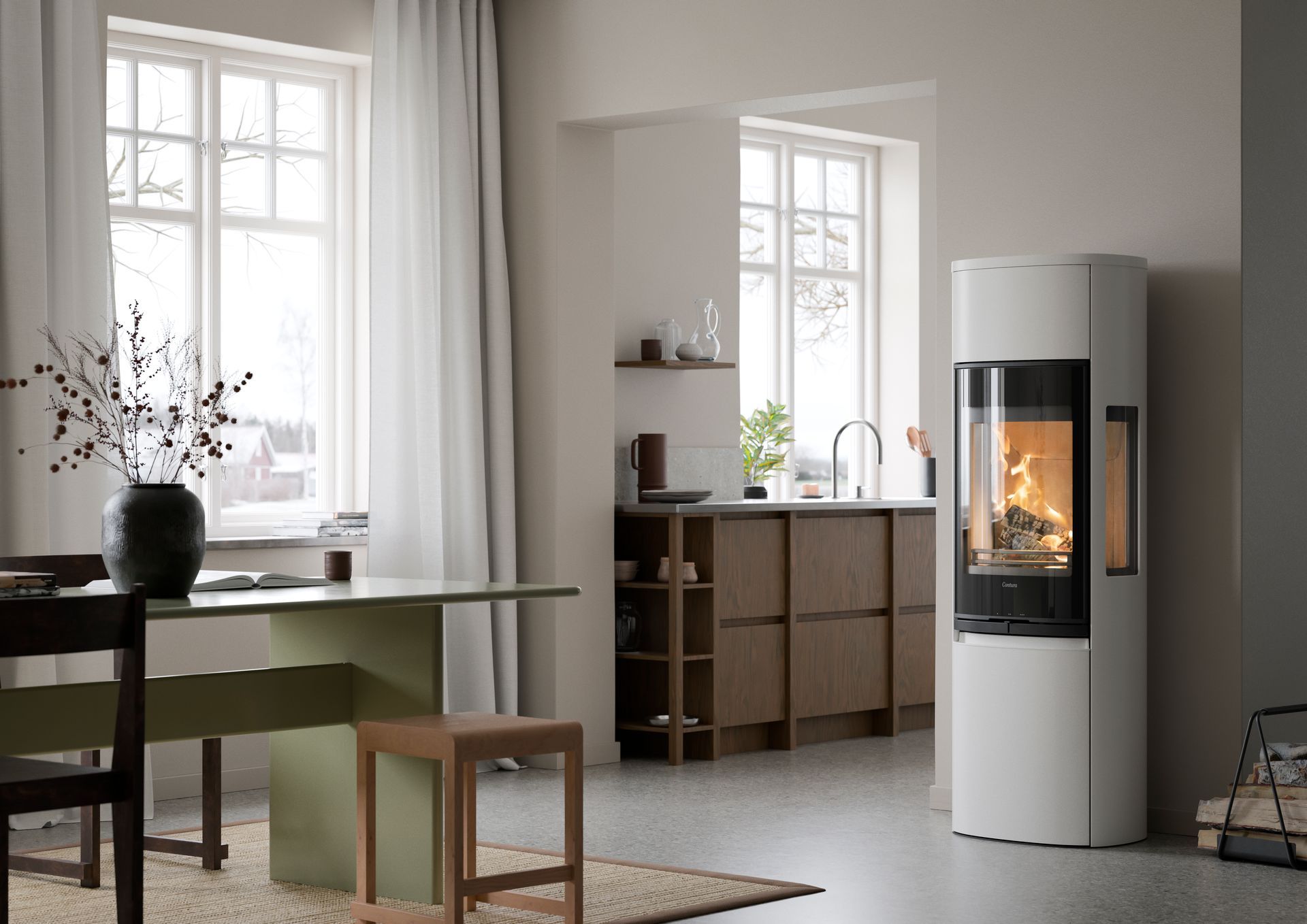 CONTURA Kaminofen in moderner Küche – kompakter Designofen für effiziente Wärme im Wohnbereich