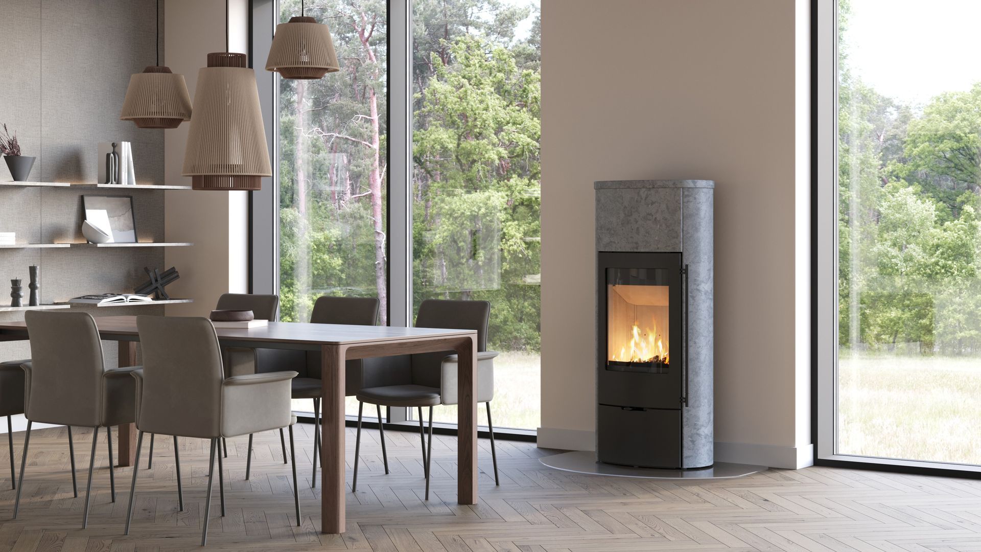 LOTUS Kaminofen im Essbereich mit Blick ins Grüne – energieeffizientes Heizen mit Holzofen