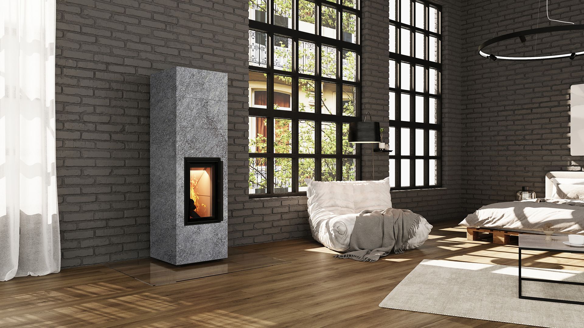 Monolith Kaminofen im Loft mit großen Fensterfronten – moderner Speicherofen für stilvolle Wohnräume