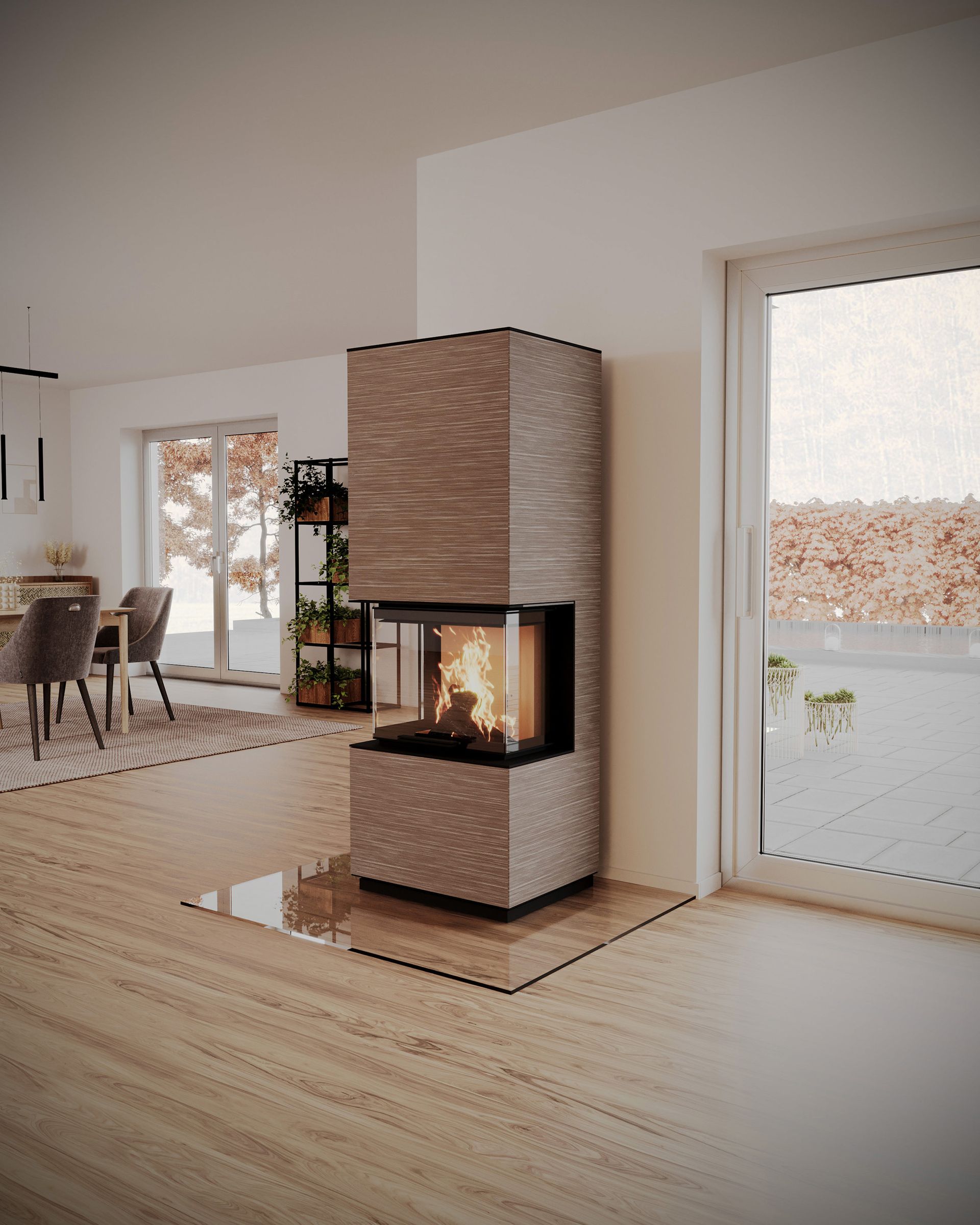 Monolith Kaminofen mit Steinverkleidung im hellen Wohnraum – moderner Designofen für effizientes Heizen