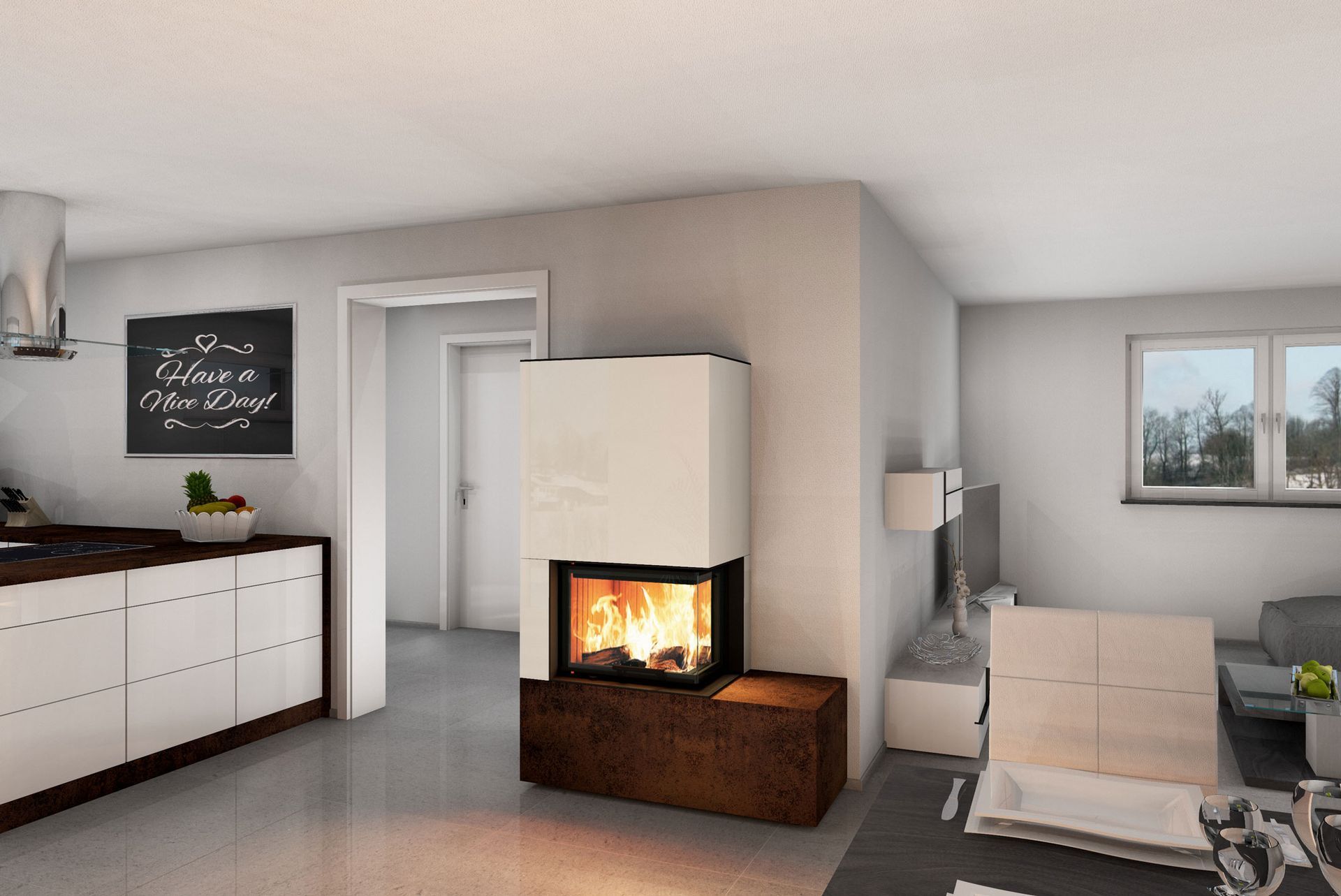 NEOCUBE Kaminofen integriert in Wohnküche – kompakter Designofen für angenehme Wärme im Alltag