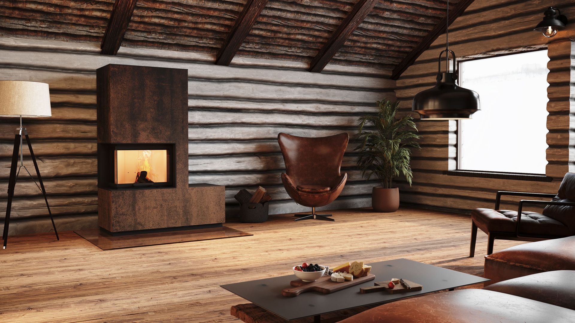 NEOCUBE Kaminofen im rustikalen Holzhaus – gemütliche Heizlösung mit modernem Design